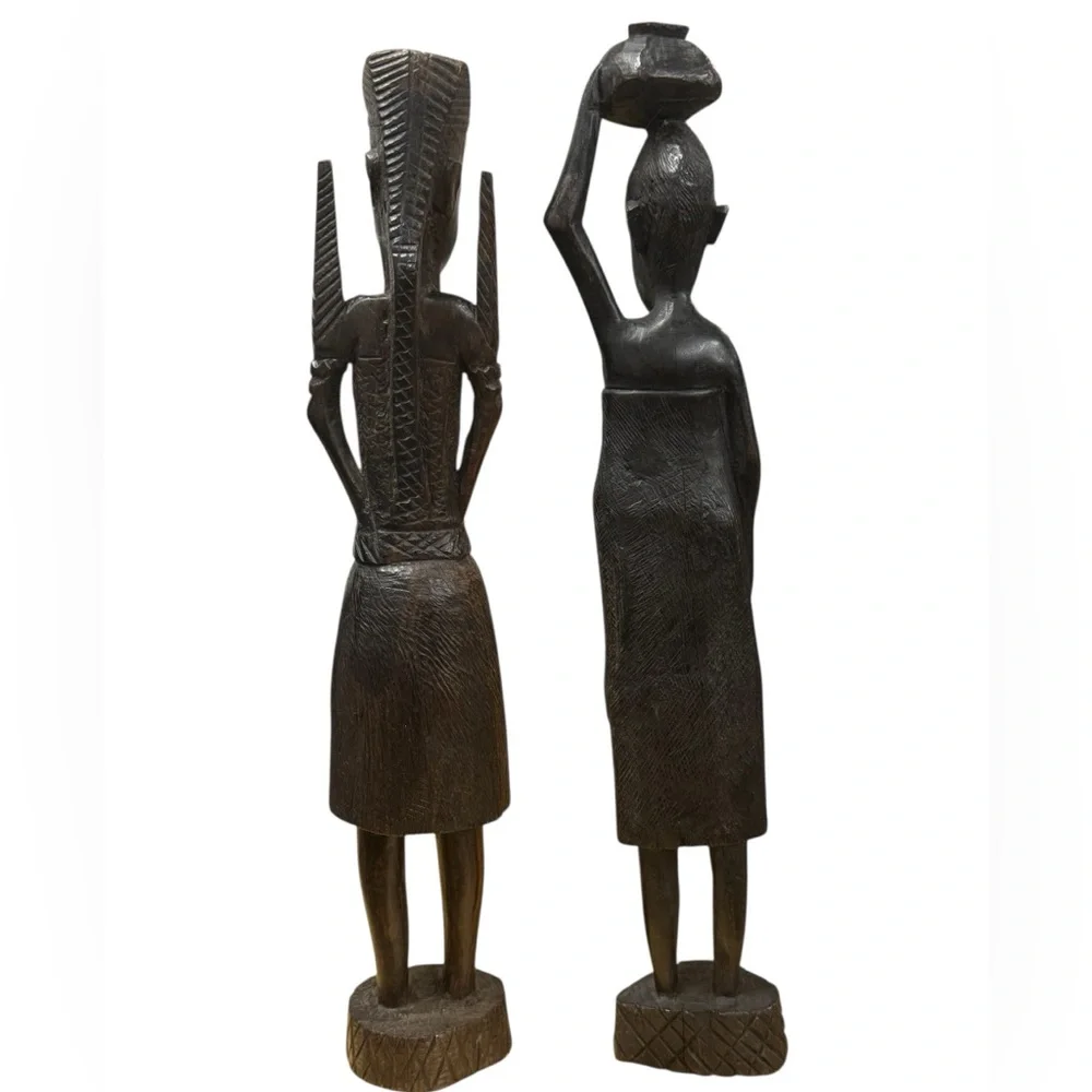 Hand Carved African Tribal Folk Art Ebony Wood Man Woman Sculptures from Kenya